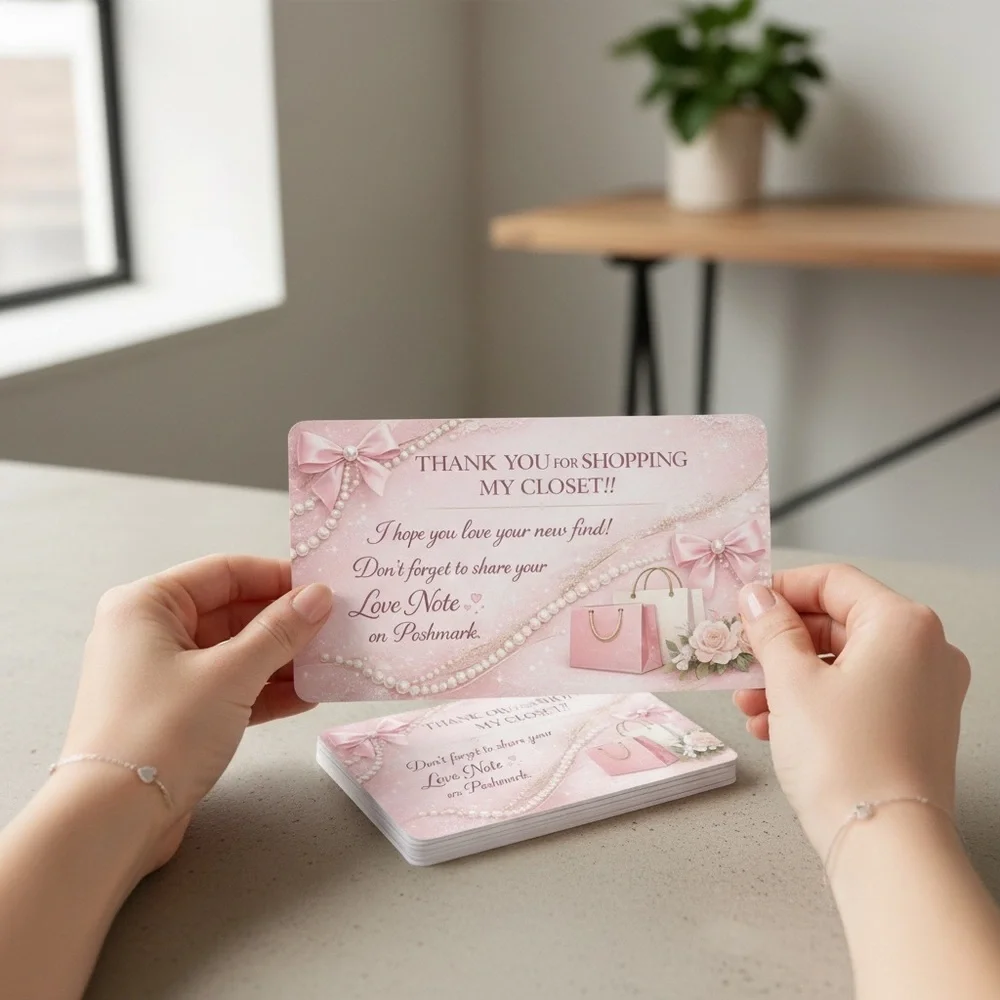 50 Luxury Pink Thank You Cards | Elegant Pearl & Bow Design for Small Business